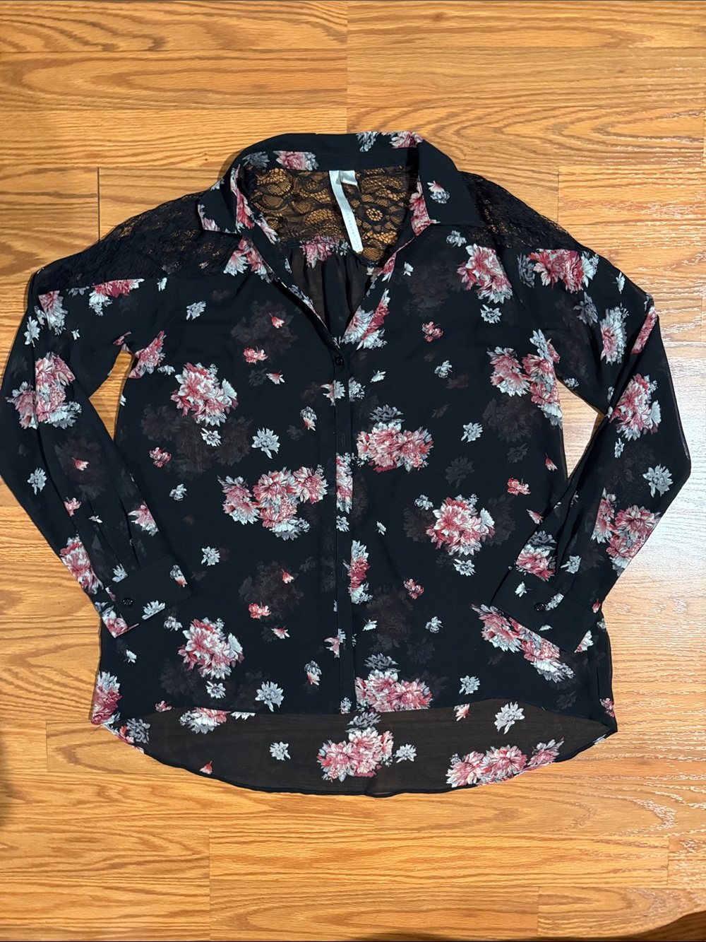 LC Lauren Conrad Chiffon and Lace Long Sleeve Button Down Floral Top